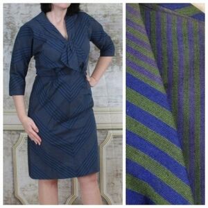 Vintage 1960s Dress Chevron Stripes Wiggle Academia Green Purple Unique 60s S